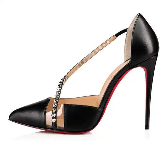 Christian Louboutin Spike Cross 100 Black PVC Silver Criss Strap Heel Pump 35.5 - Picture 3 of 12
